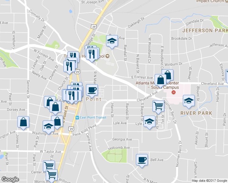 map of restaurants, bars, coffee shops, grocery stores, and more near 2738 Harris Street in East Point