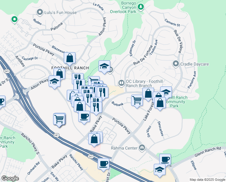 map of restaurants, bars, coffee shops, grocery stores, and more near 26982 Cabriole in Lake Forest