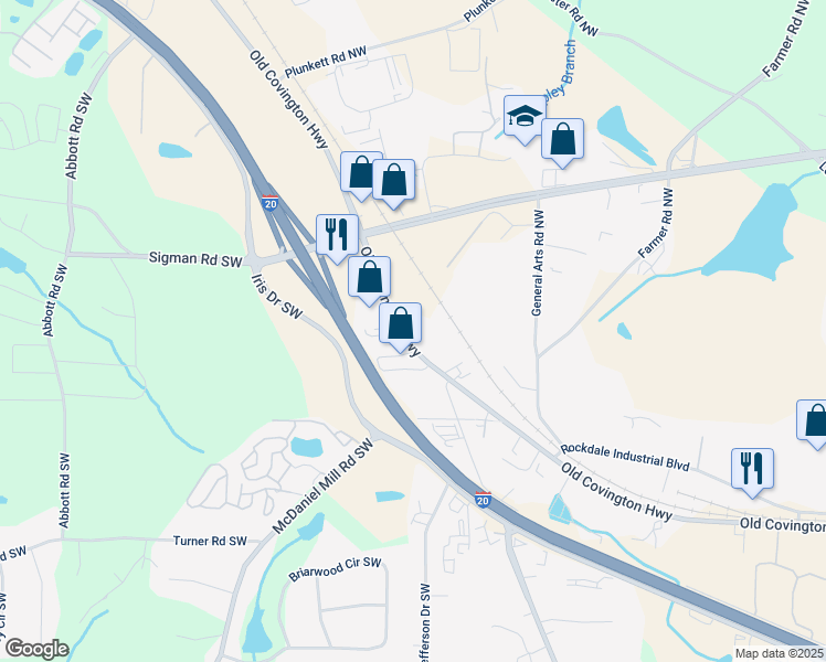 map of restaurants, bars, coffee shops, grocery stores, and more near 2209 Old Covington Highway in Conyers