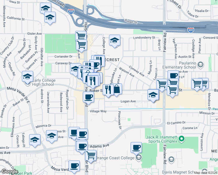 map of restaurants, bars, coffee shops, grocery stores, and more near 3007 Killybrooke Lane in Costa Mesa