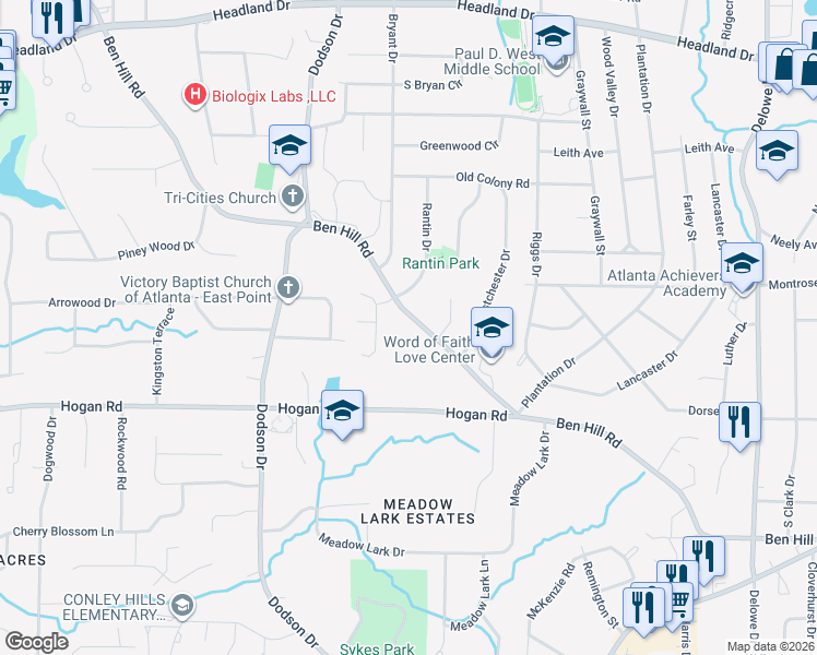 map of restaurants, bars, coffee shops, grocery stores, and more near 2528 Ben Hill Road in Atlanta