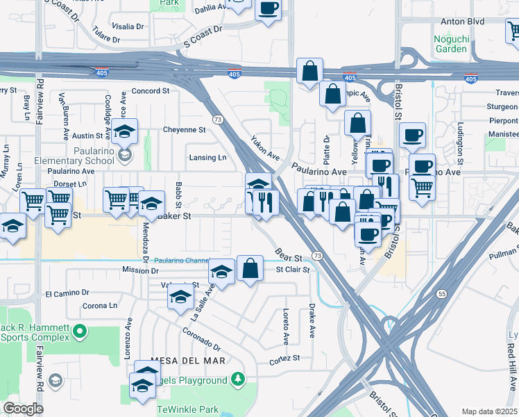 map of restaurants, bars, coffee shops, grocery stores, and more near 890 Baker Street in Costa Mesa