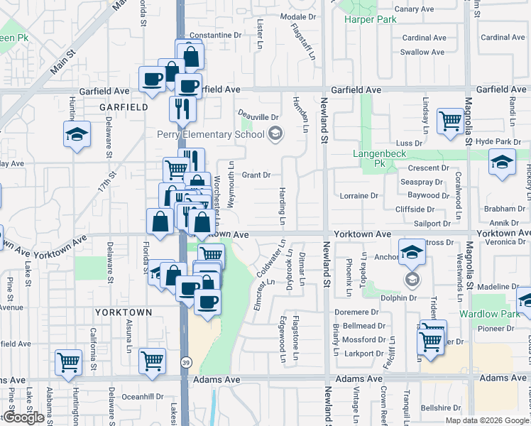 map of restaurants, bars, coffee shops, grocery stores, and more near 8271 Tyler Circle in Huntington Beach