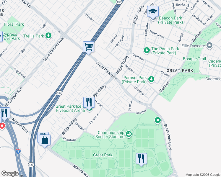 map of restaurants, bars, coffee shops, grocery stores, and more near 5197 2nd Street in Irvine