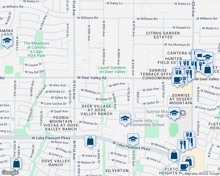 map of restaurants, bars, coffee shops, grocery stores, and more near 8776 West Alex Avenue in Peoria