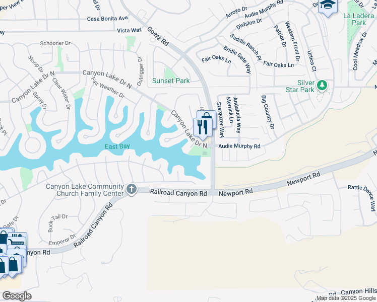 map of restaurants, bars, coffee shops, grocery stores, and more near 24311 Canyon Lake Drive North in Canyon Lake