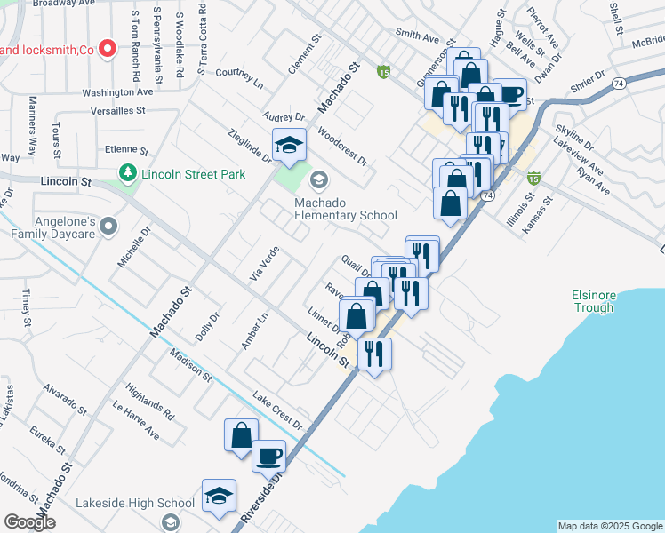 map of restaurants, bars, coffee shops, grocery stores, and more near 685 Quail Drive in Lake Elsinore