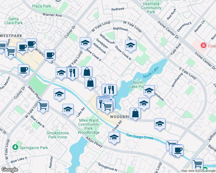 map of restaurants, bars, coffee shops, grocery stores, and more near 5 Clearwater in Irvine