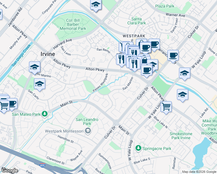map of restaurants, bars, coffee shops, grocery stores, and more near 10 Belcanto in Irvine