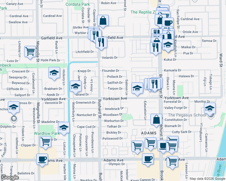 map of restaurants, bars, coffee shops, grocery stores, and more near 9651 Tarpon Drive in Huntington Beach