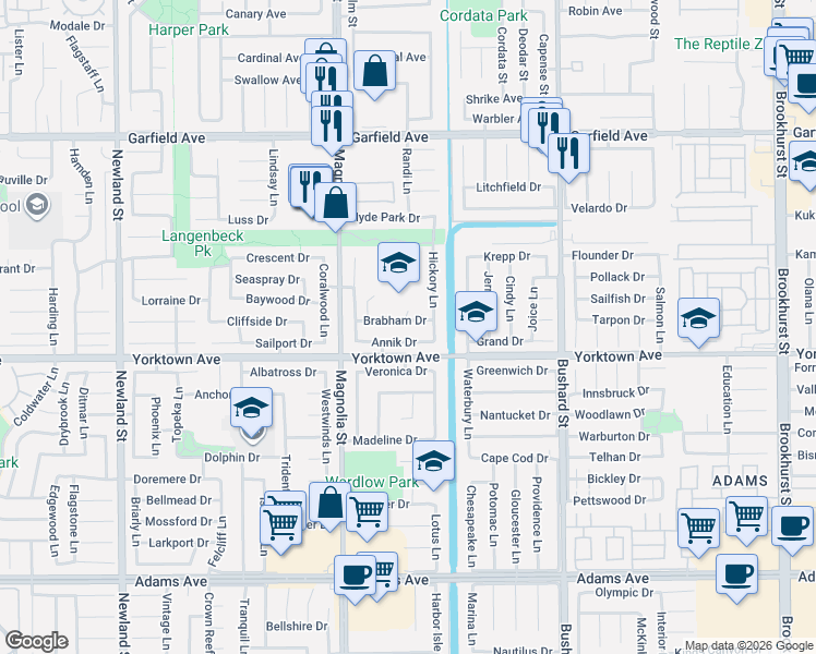 map of restaurants, bars, coffee shops, grocery stores, and more near 9101 Brabham Drive in Huntington Beach