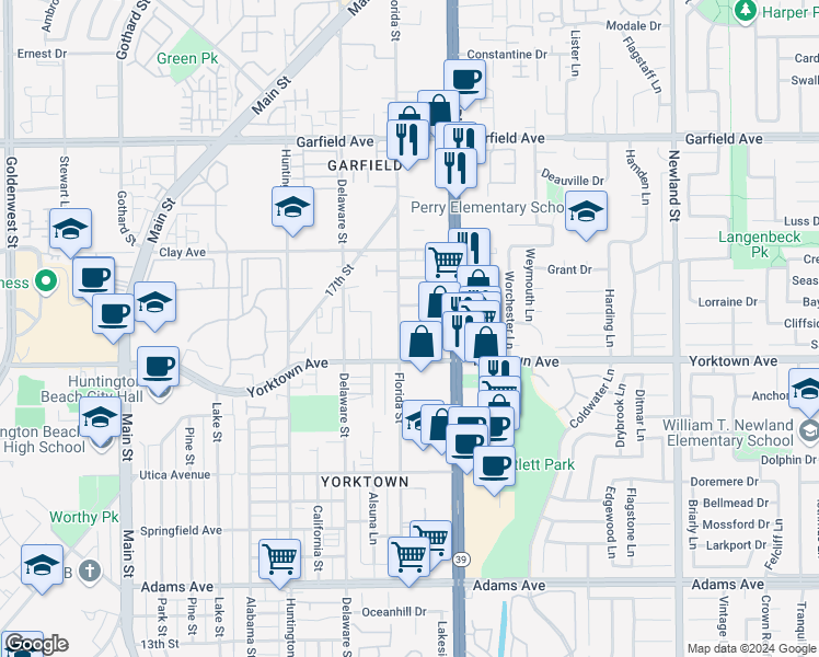 map of restaurants, bars, coffee shops, grocery stores, and more near 718 Williams Drive in Huntington Beach