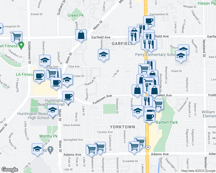 map of restaurants, bars, coffee shops, grocery stores, and more near 2615 17th Street in Huntington Beach