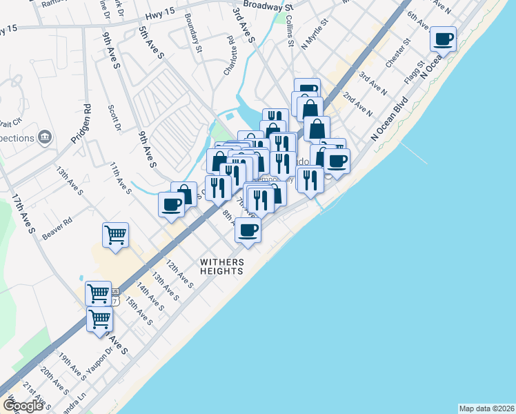 map of restaurants, bars, coffee shops, grocery stores, and more near 504 Yaupon Drive in Myrtle Beach