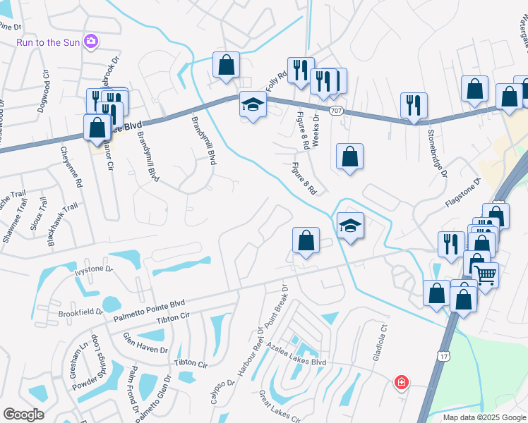 map of restaurants, bars, coffee shops, grocery stores, and more near 172 Olde Towne Way in Myrtle Beach