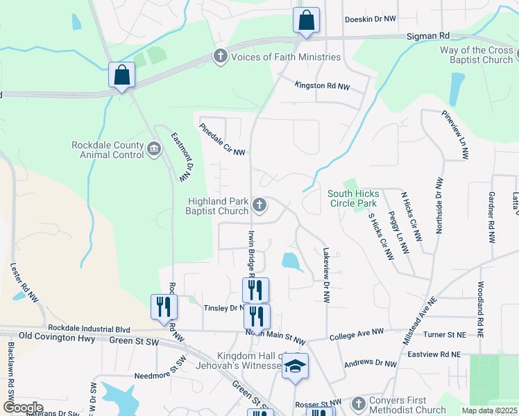 map of restaurants, bars, coffee shops, grocery stores, and more near 1106b Green Valley Drive Northwest in Conyers