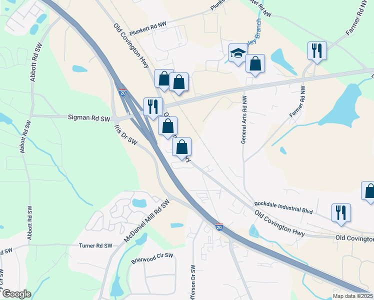 map of restaurants, bars, coffee shops, grocery stores, and more near 2209 Old Covington Highway in Conyers