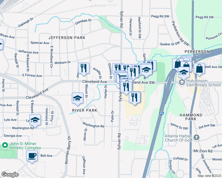 map of restaurants, bars, coffee shops, grocery stores, and more near 941 Reed Avenue in East Point