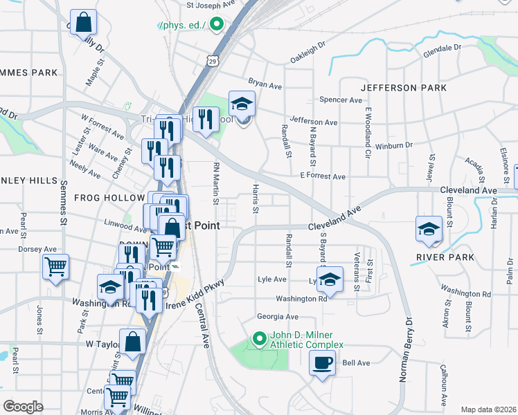 map of restaurants, bars, coffee shops, grocery stores, and more near 2738 Harris Street in East Point