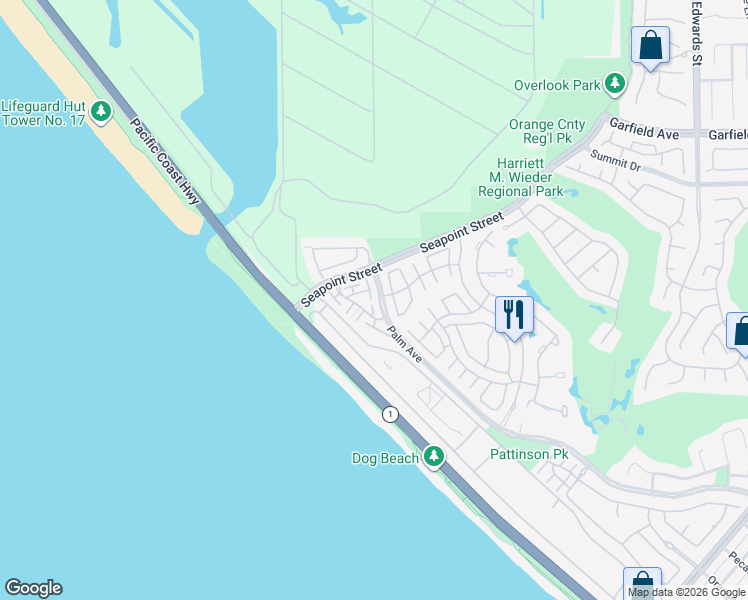 map of restaurants, bars, coffee shops, grocery stores, and more near 19328 Surfwave Drive in Huntington Beach