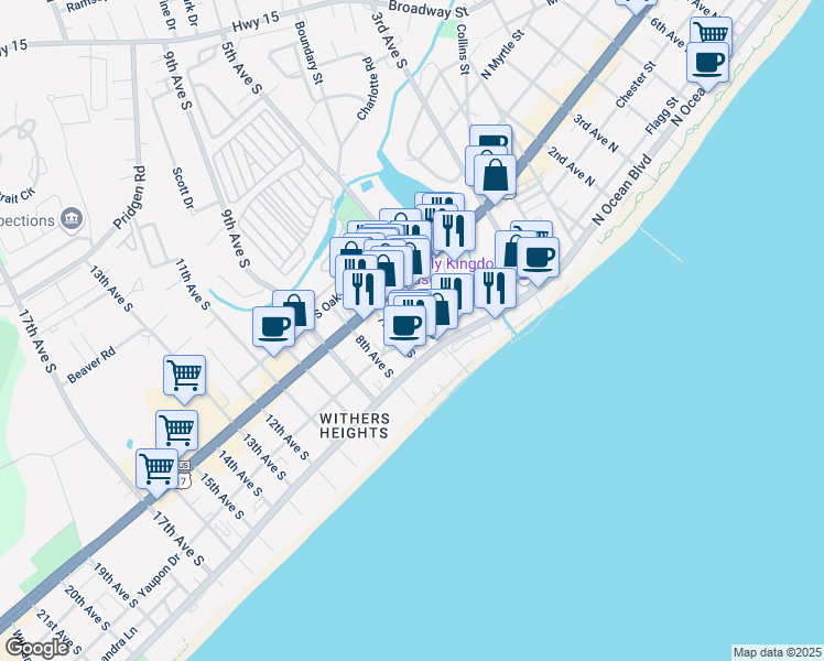 map of restaurants, bars, coffee shops, grocery stores, and more near 504 Yaupon Drive in Myrtle Beach