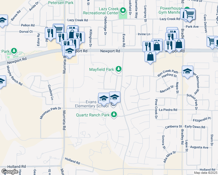 map of restaurants, bars, coffee shops, grocery stores, and more near 30329 Carob Tree Circle in Menifee
