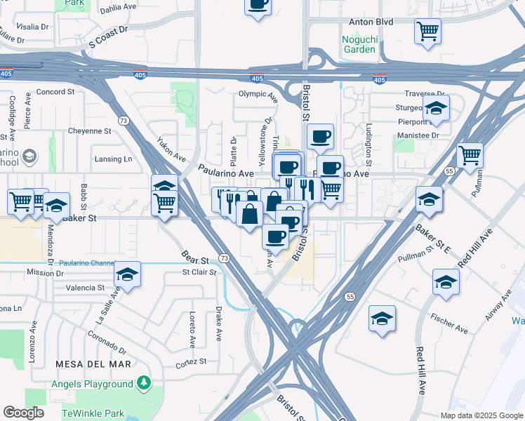 map of restaurants, bars, coffee shops, grocery stores, and more near 750 Wesleyan Bay in Costa Mesa