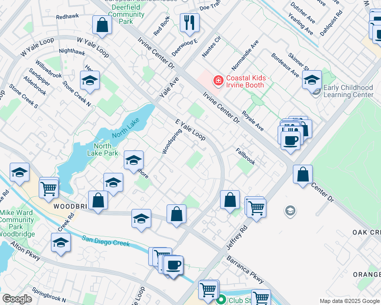 map of restaurants, bars, coffee shops, grocery stores, and more near 38 Ashwood in Irvine