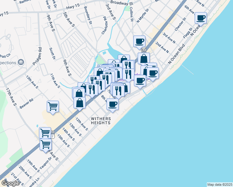 map of restaurants, bars, coffee shops, grocery stores, and more near 601 Mitchell Drive in Myrtle Beach