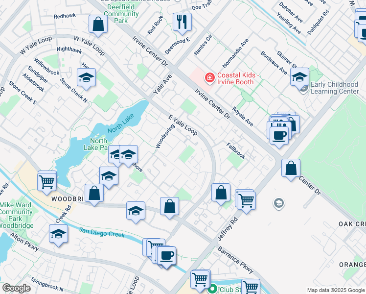 map of restaurants, bars, coffee shops, grocery stores, and more near 38 Ashwood in Irvine