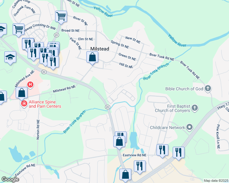 map of restaurants, bars, coffee shops, grocery stores, and more near 1504 Renaissance Drive Northeast in Conyers