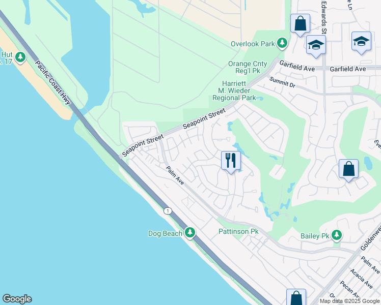 map of restaurants, bars, coffee shops, grocery stores, and more near 19315 Brooktrail Lane in Huntington Beach