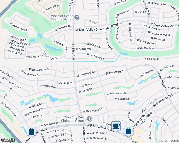 map of restaurants, bars, coffee shops, grocery stores, and more near 14805 West White Horse Drive in Sun City West