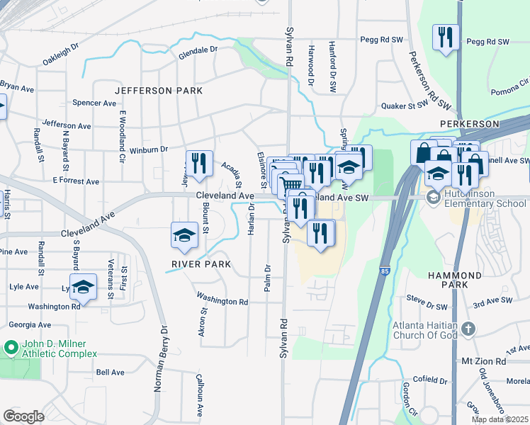 map of restaurants, bars, coffee shops, grocery stores, and more near 926 Cleveland Avenue in East Point