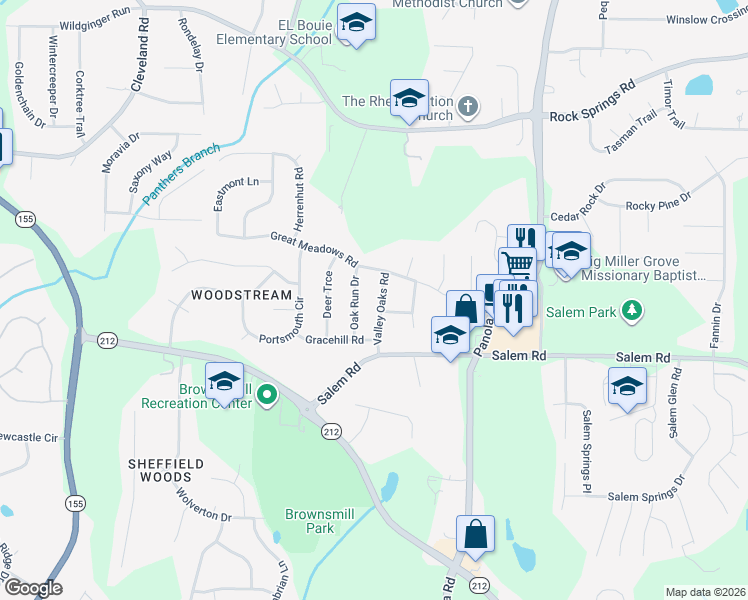 map of restaurants, bars, coffee shops, grocery stores, and more near 3463 Valley Oaks Road in Stonecrest