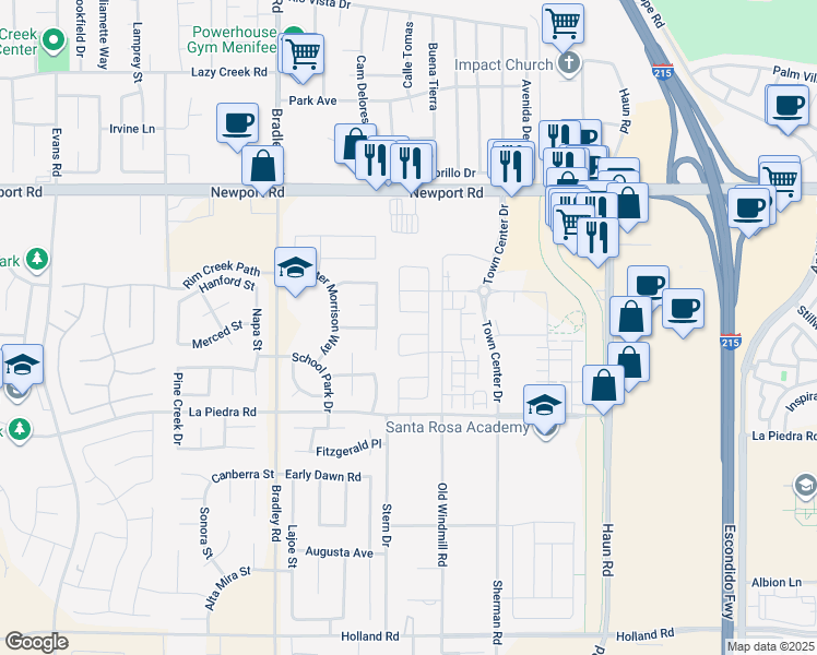 map of restaurants, bars, coffee shops, grocery stores, and more near 27292 Fielder Road in Menifee