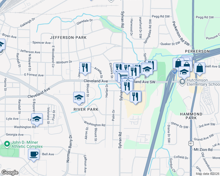 map of restaurants, bars, coffee shops, grocery stores, and more near 926 Cleveland Avenue in East Point