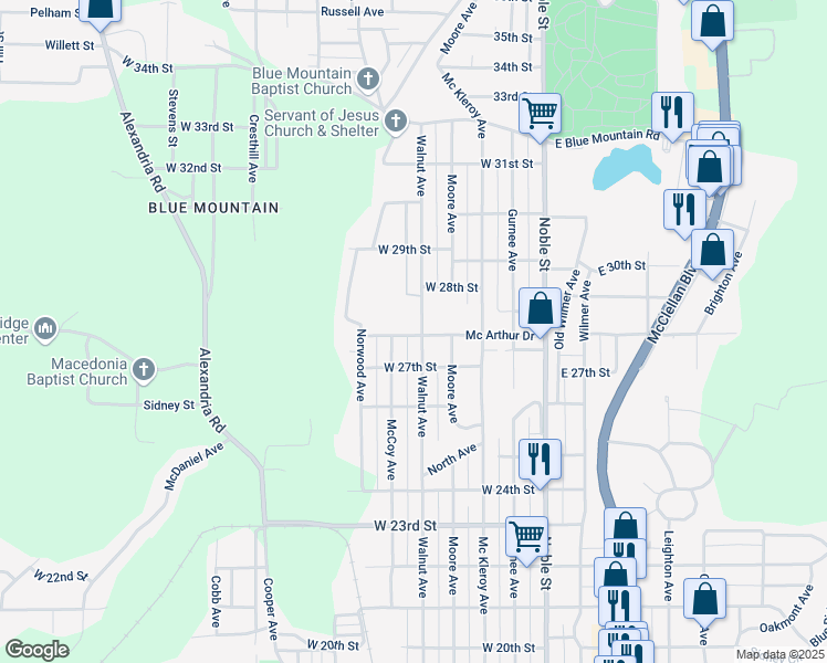 map of restaurants, bars, coffee shops, grocery stores, and more near 2807 Walnut Avenue in Anniston