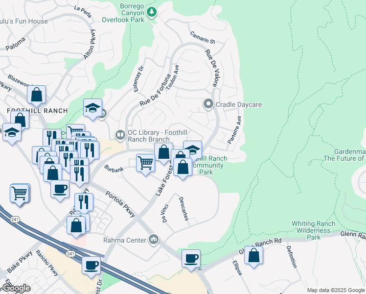 map of restaurants, bars, coffee shops, grocery stores, and more near 19405 Rue De Valore in Lake Forest
