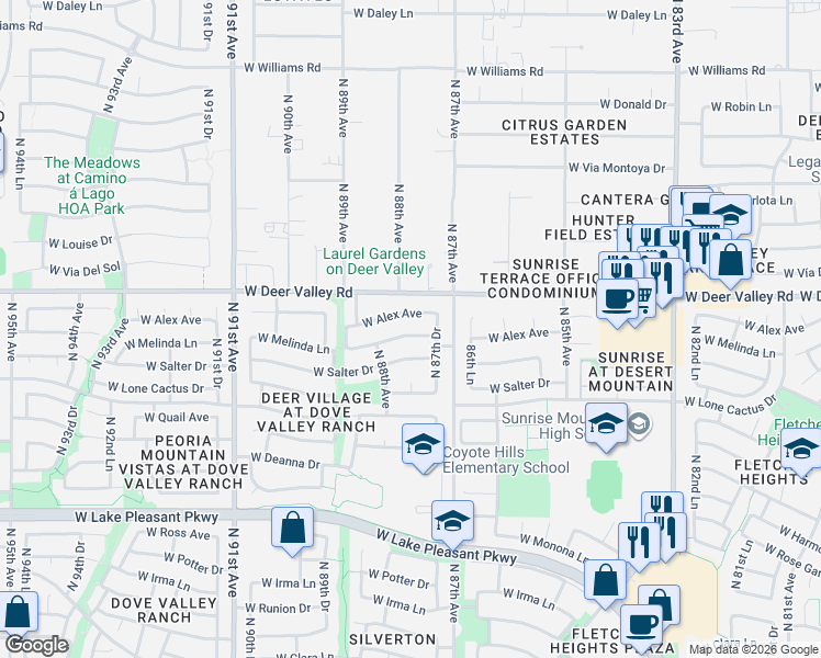 map of restaurants, bars, coffee shops, grocery stores, and more near 8751 West Alex Avenue in Peoria