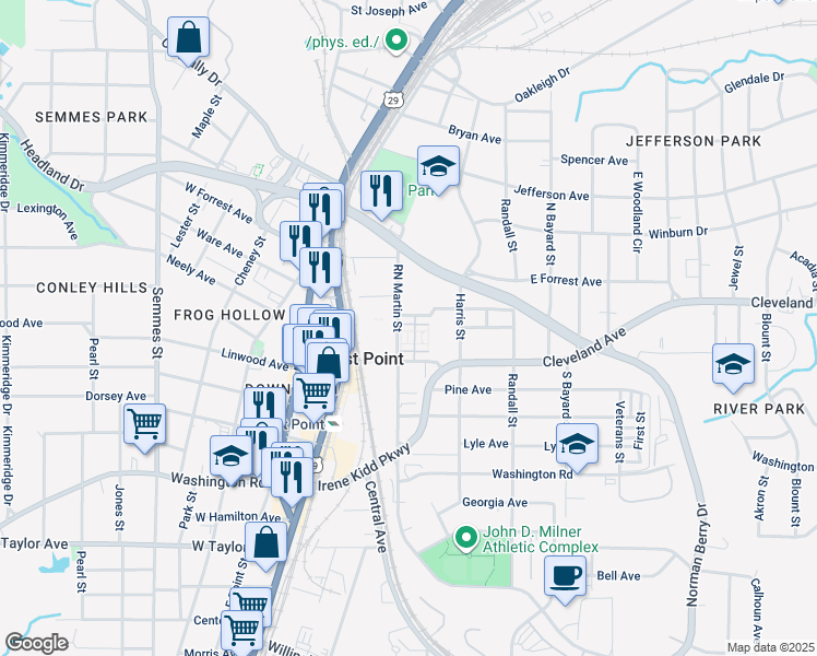 map of restaurants, bars, coffee shops, grocery stores, and more near 1497 James Trace in East Point