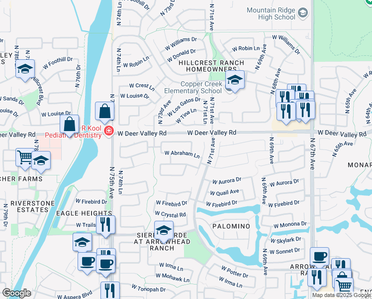 map of restaurants, bars, coffee shops, grocery stores, and more near 7205 West Melinda Lane in Glendale