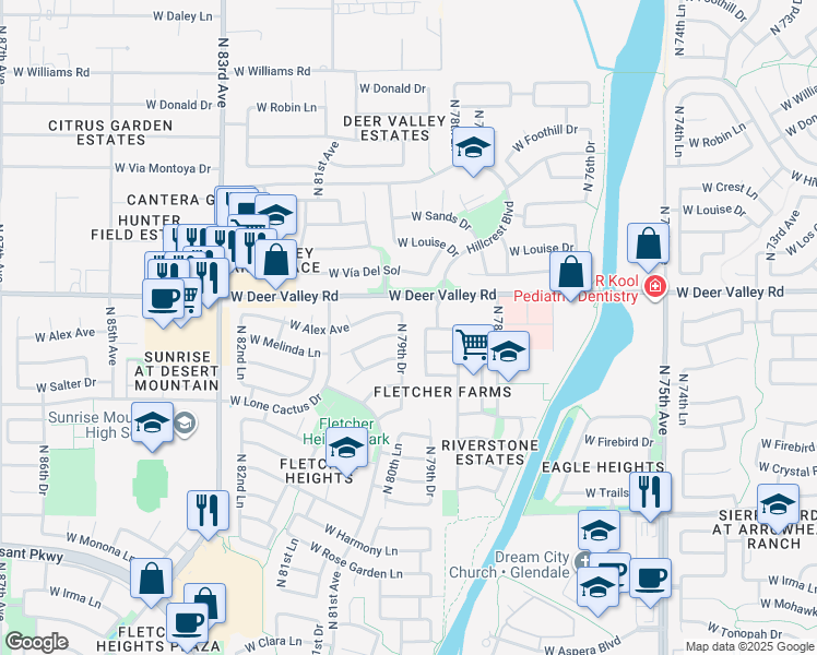 map of restaurants, bars, coffee shops, grocery stores, and more near 85303 North 79th Drive in Peoria
