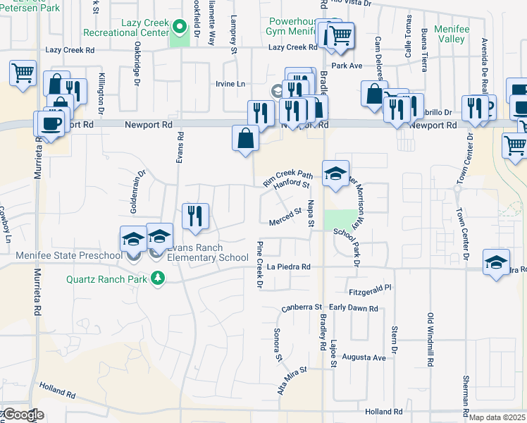map of restaurants, bars, coffee shops, grocery stores, and more near 26814 Madera Court in Menifee