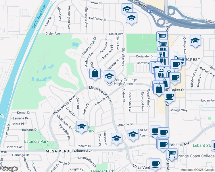 map of restaurants, bars, coffee shops, grocery stores, and more near 2990 Mesa Verde Drive East in Costa Mesa