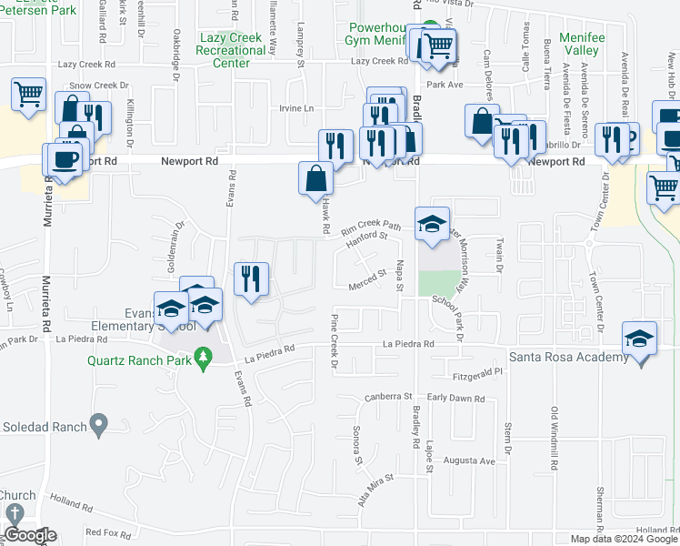 map of restaurants, bars, coffee shops, grocery stores, and more near 30236 Lakeport Street in Menifee