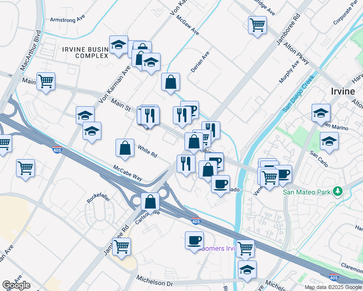map of restaurants, bars, coffee shops, grocery stores, and more near 2772 Main Street in Irvine