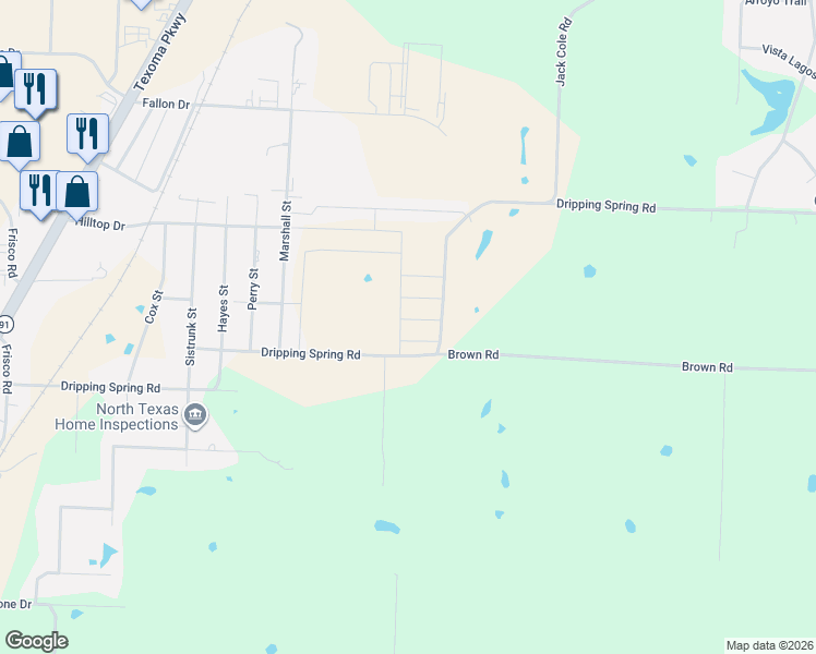 map of restaurants, bars, coffee shops, grocery stores, and more near 3001 Dripping Springs Road in Sherman