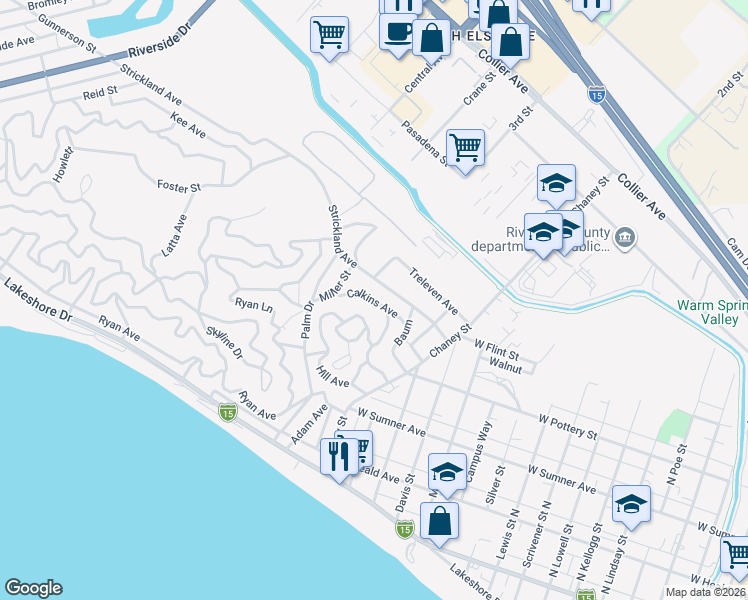map of restaurants, bars, coffee shops, grocery stores, and more near Calkins Avenue in Lake Elsinore