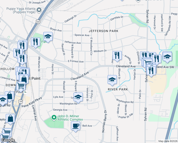 map of restaurants, bars, coffee shops, grocery stores, and more near Cleveland Avenue in Atlanta